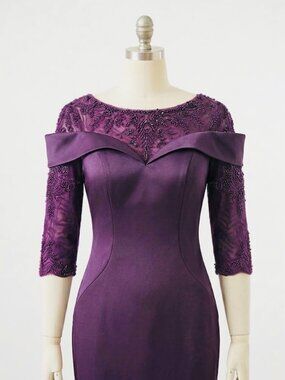 Marasoni Plum Purple Beaded Off Shoulder 3/4 Sleeve Mermaid Form